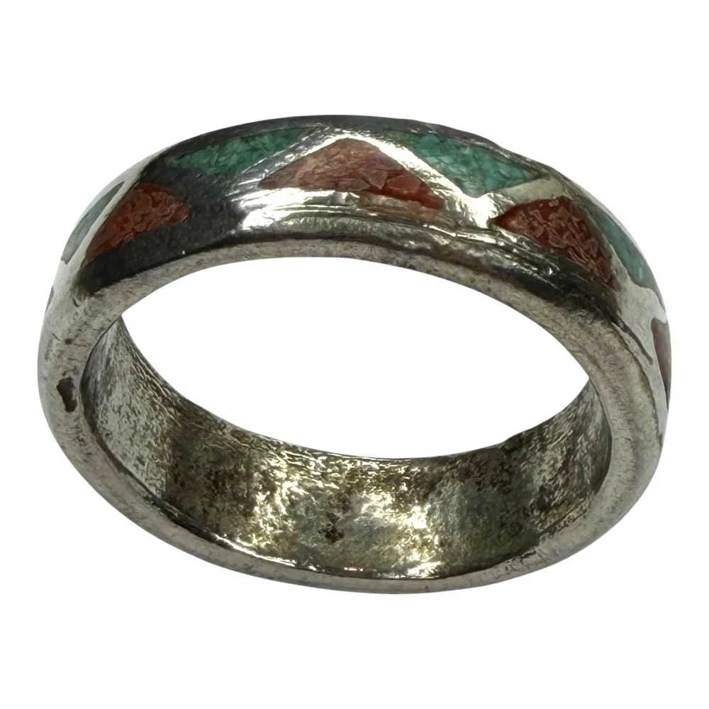 Vintage Band Ring Nickel Silver Size 14 Turquoise Coral Chip Inlay
